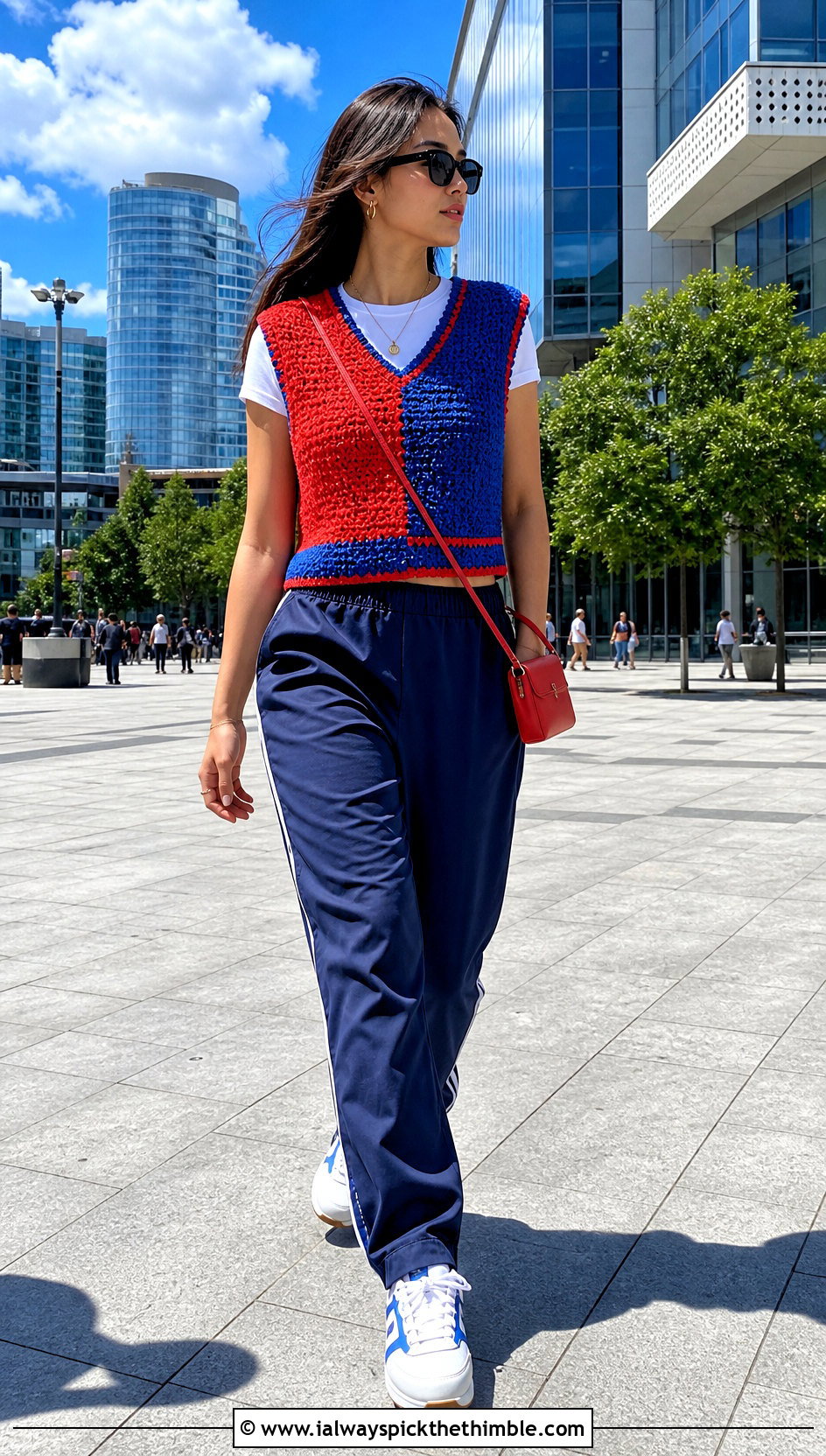 Color Block Crochet Sweater Vest With Track Pants - 15 basic crochet sweater vest outfit ideas