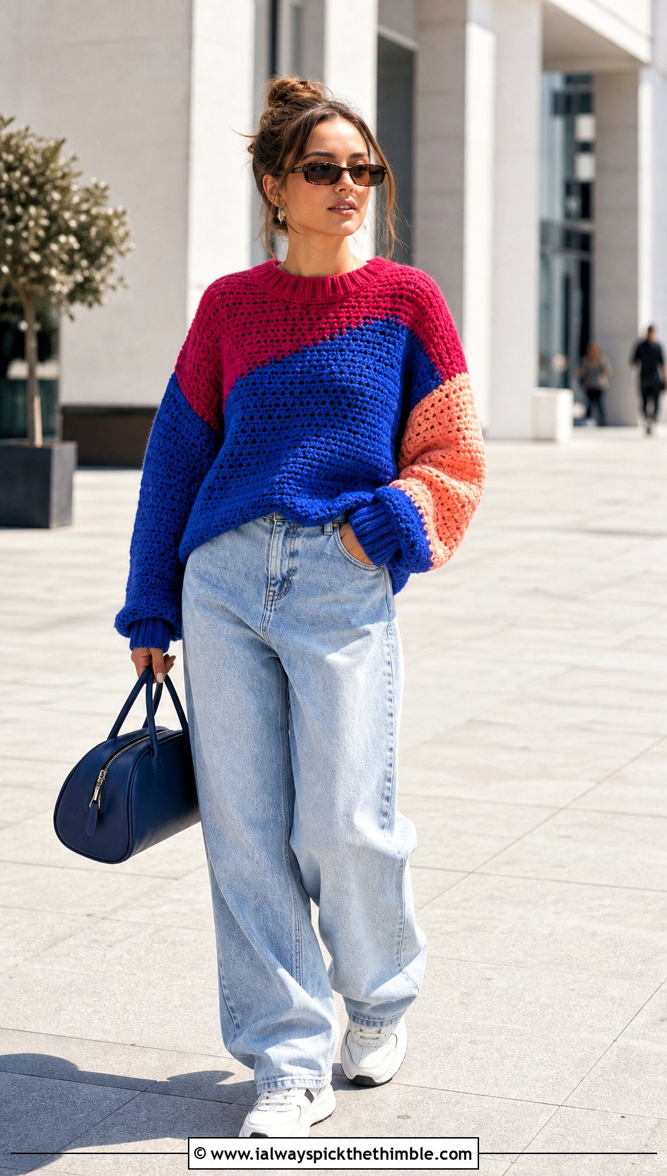 Color Block Crochet Sweater With Baggy Jeans - 20 unique crochet sweater outfit ideas