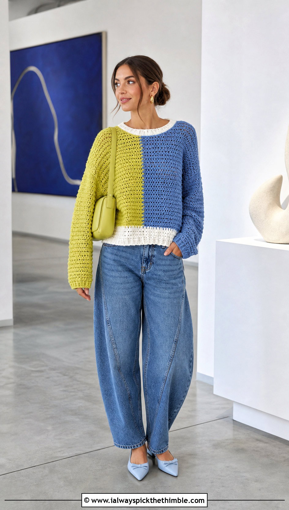 Color Block Crochet Sweater With Barrel Jeans - 25 crochet sweaters outfit ideas