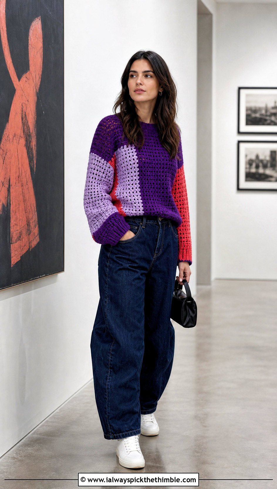 Color Block Crochet Sweater With Barrel Jeans - 25 crochet sweater outfit ideas