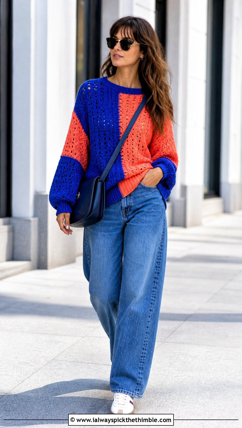 Color Block Crochet Sweater With Barrel Leg Jeans - 20 Basic Crochet Sweater outfit ideas