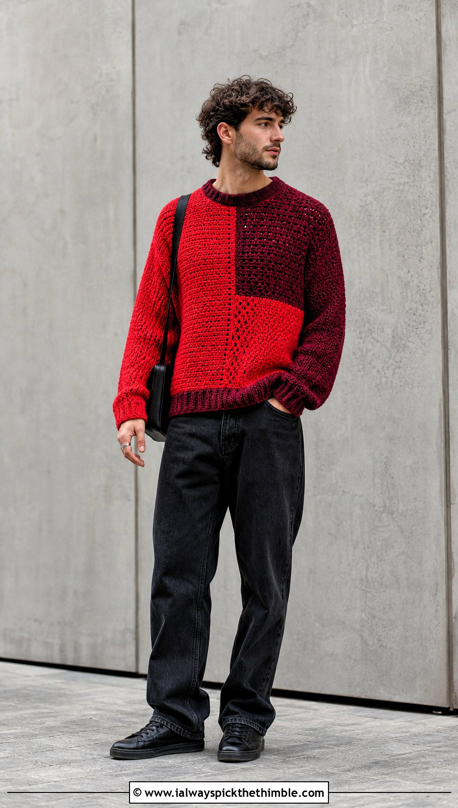 Color Block Crochet Sweater With Black Jeans - 20 crochet sweater for man outfit ideas
