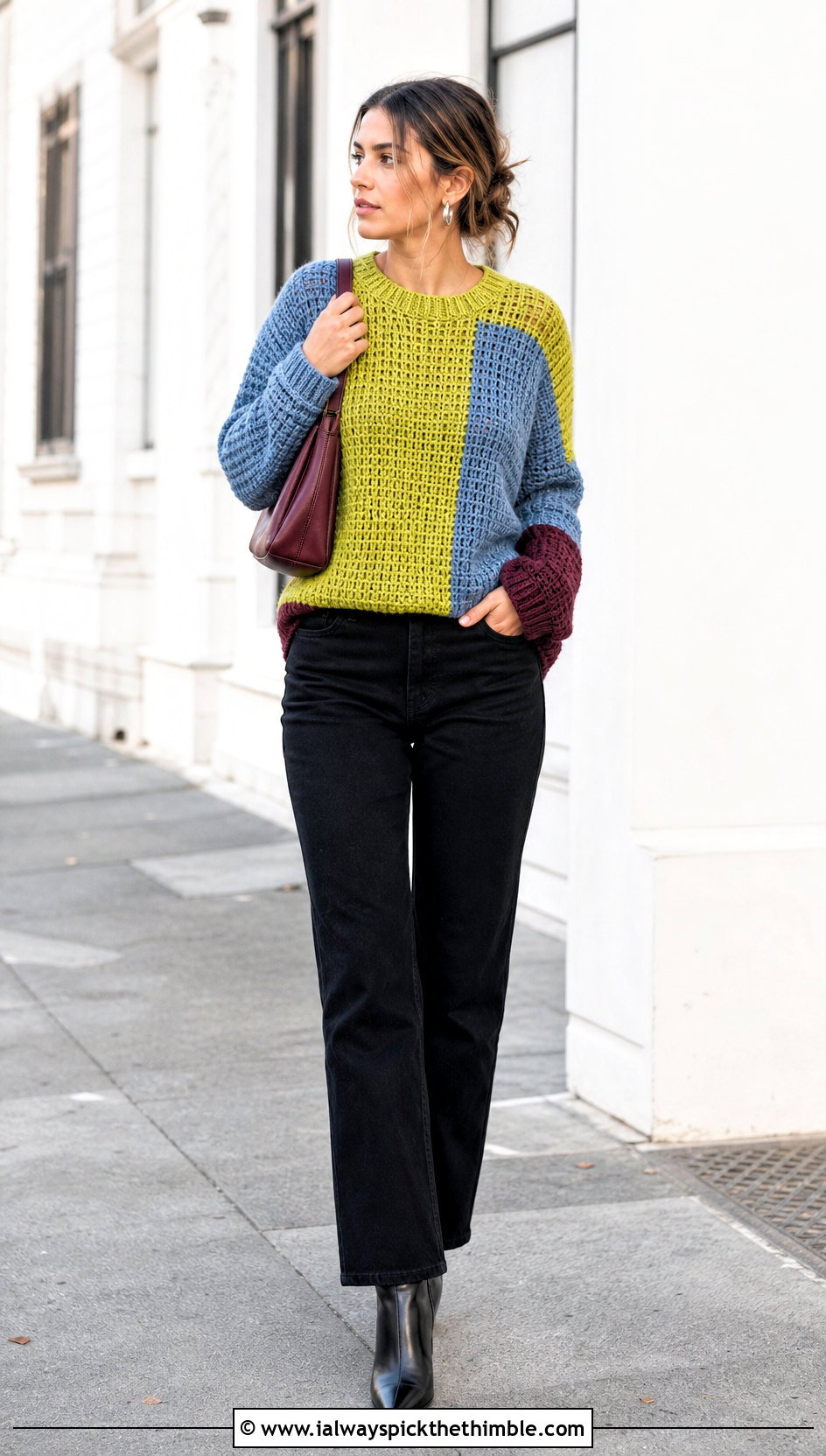 Color Block Crochet Sweater With Black Jeans - 25 crochet sweater design for women outfit ideas