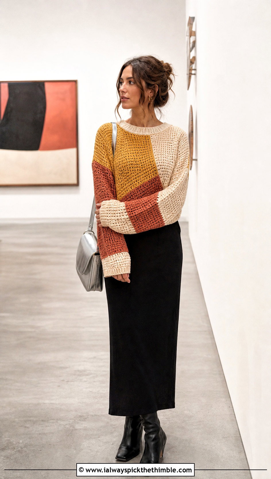 Color Block Crochet Sweater With Black Maxi Skirt - 20 Crochet Ladies Sweater outfit ideas