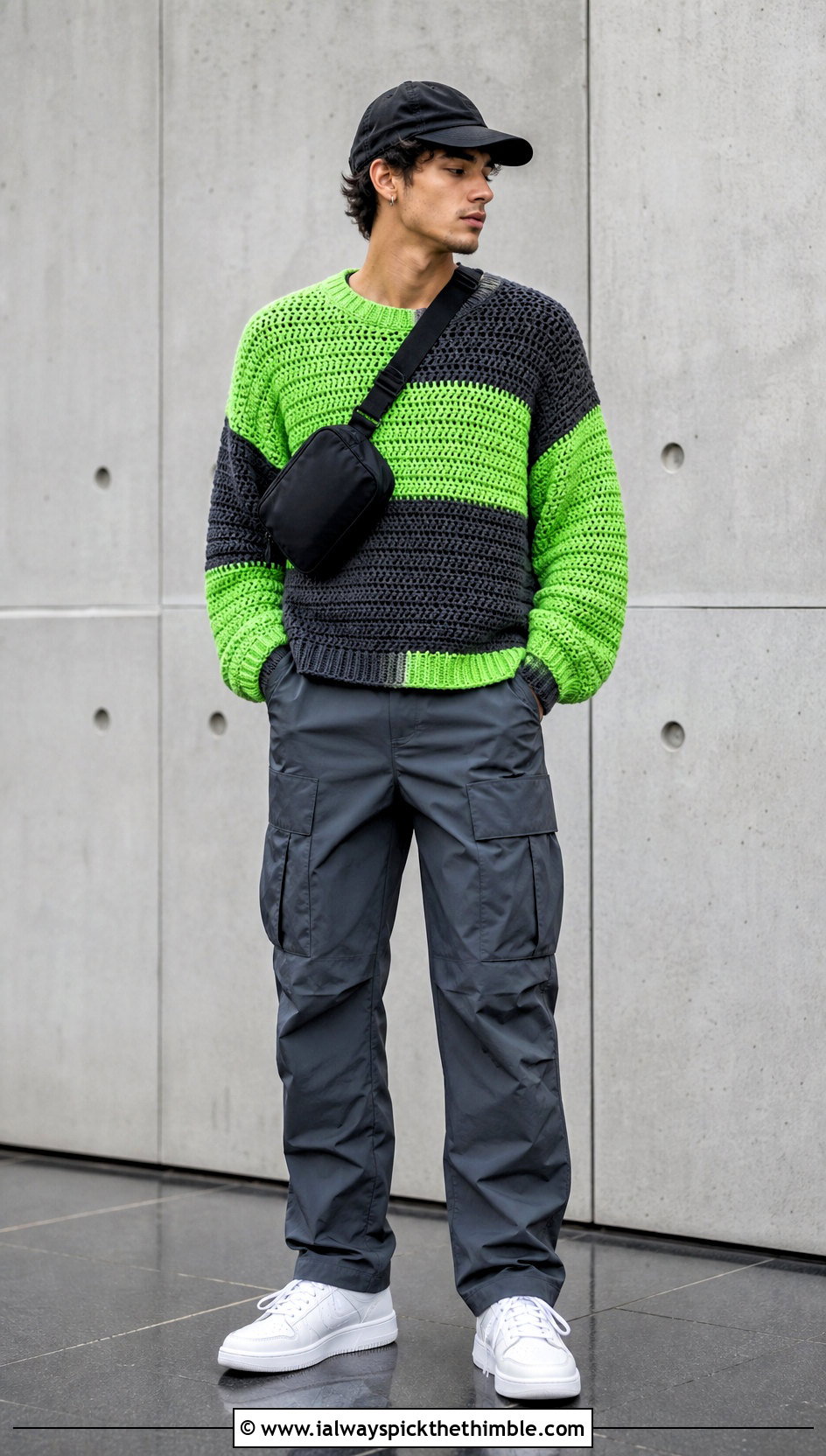 Color Block Crochet Sweater With Cargo Pants - 25 crochet mens sweater outfit ideas
