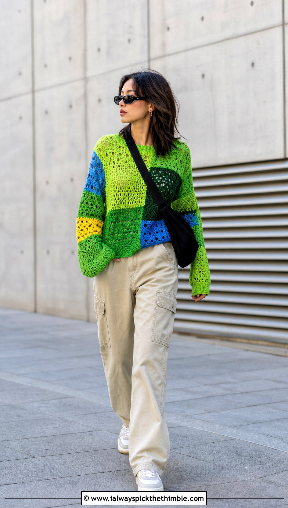 Color Block Crochet Sweater With Cargo Pants - 20 handmade crochet sweater outfit ideas