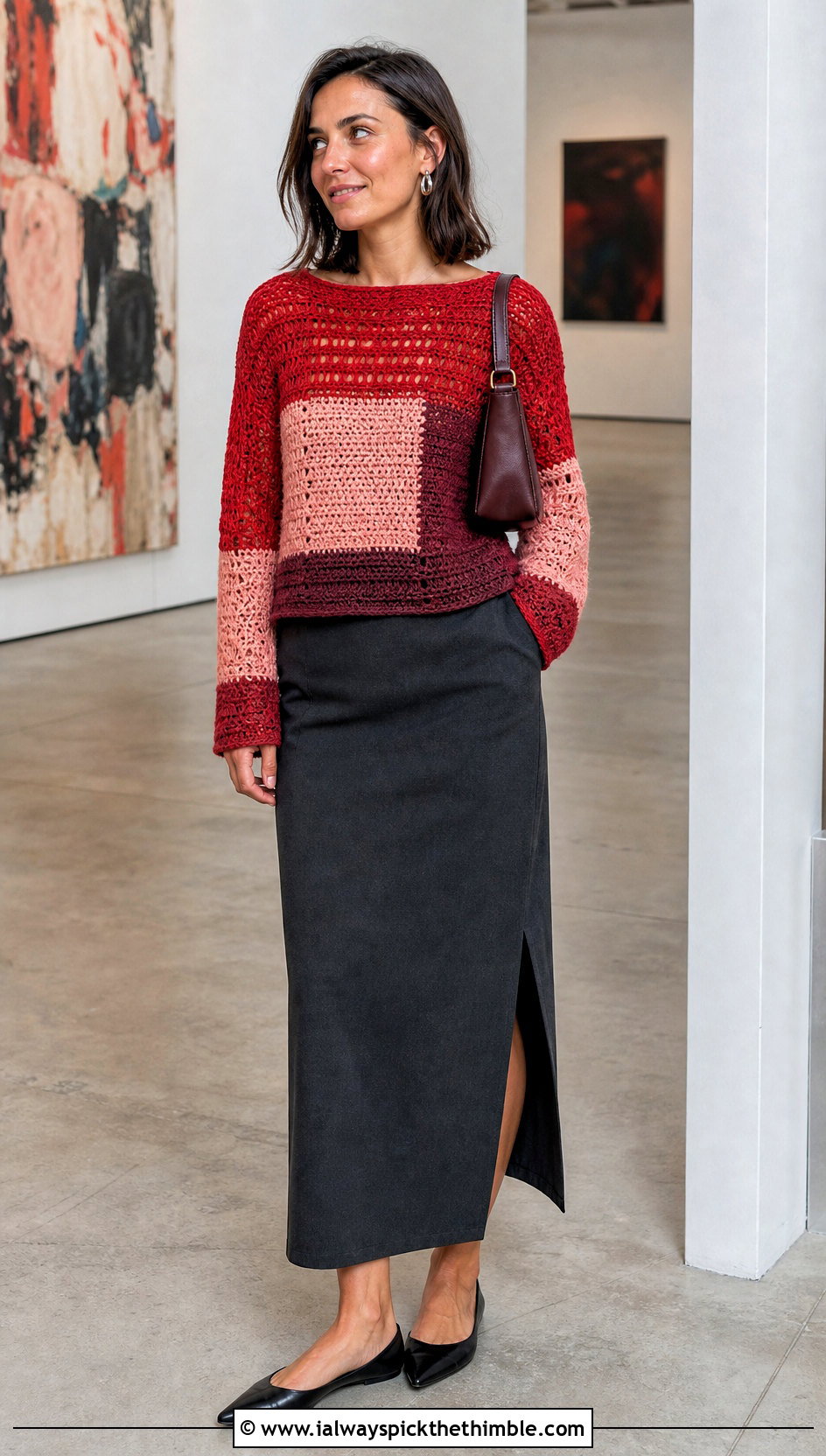 Color Block Crochet Sweater With Column Skirt - 20 Womens Crochet Sweater outfit ideas