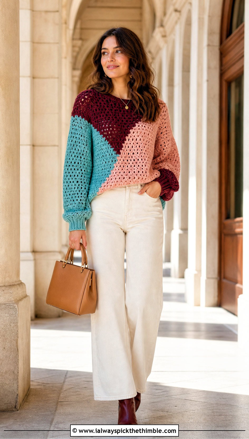 Color Block Crochet Sweater With Cream Wide Leg Jeans - 25 fall crochet sweater outfit ideas
