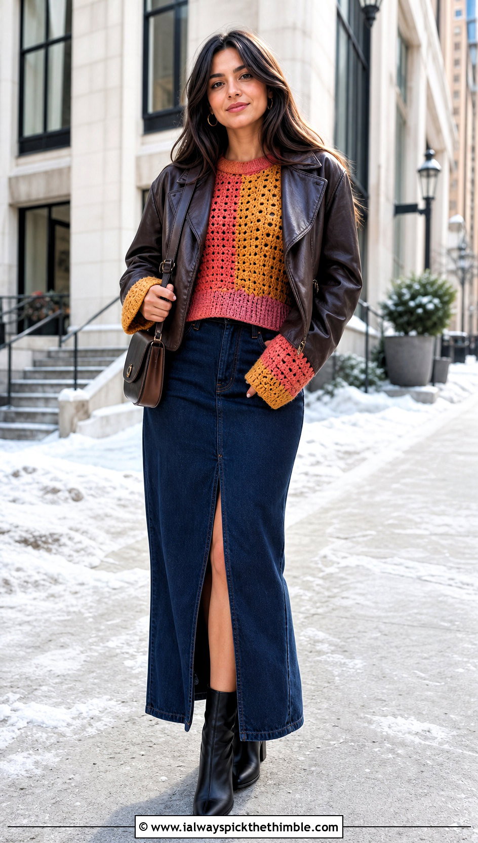 Color Block Crochet Sweater With Denim Maxi Skirt - 20 winter crochet sweater outfit ideas