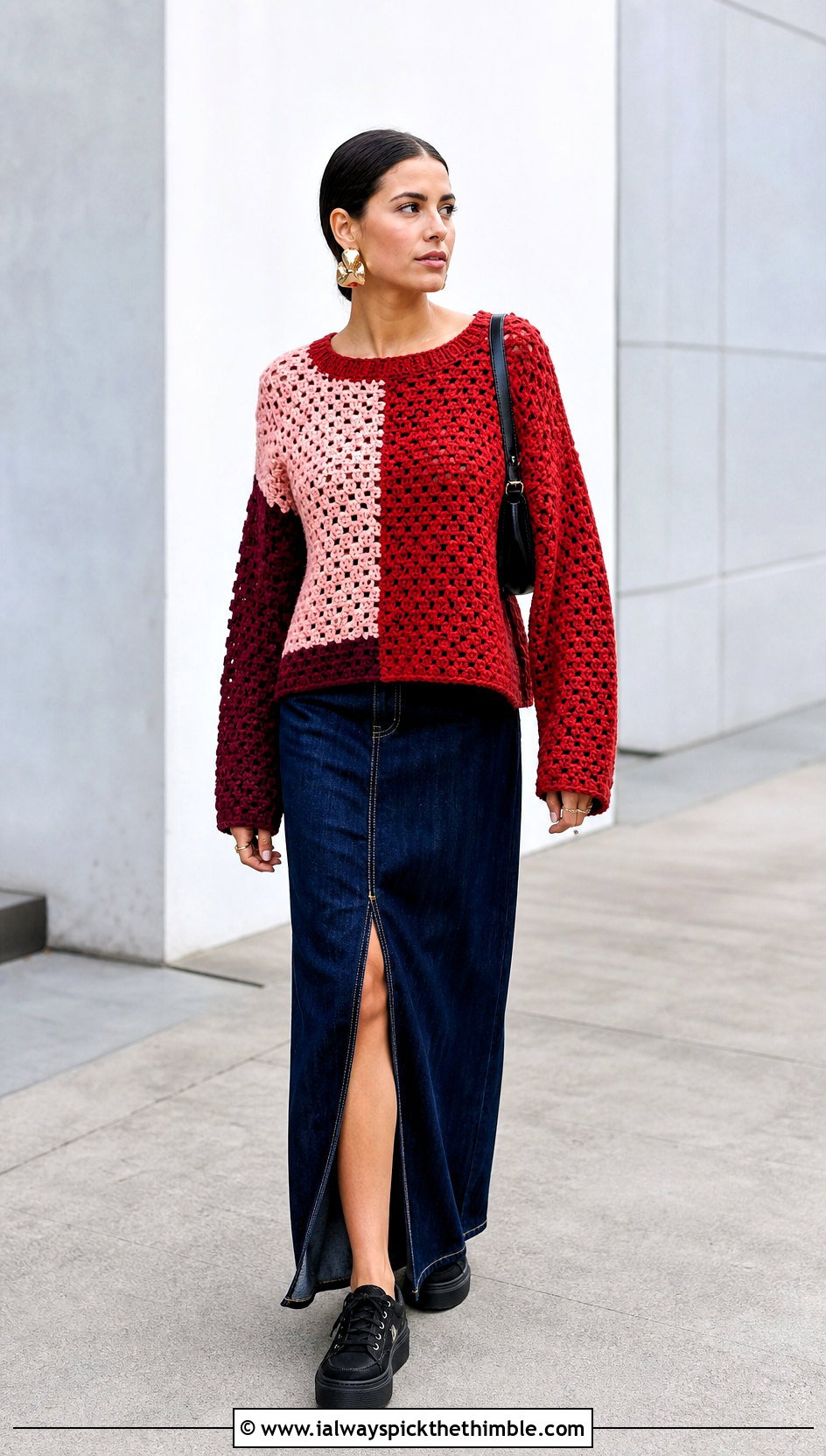 Color Block Crochet Sweater With Denim Maxi Skirt - 15 Crochet Sweater Aesthetic outfit ideas