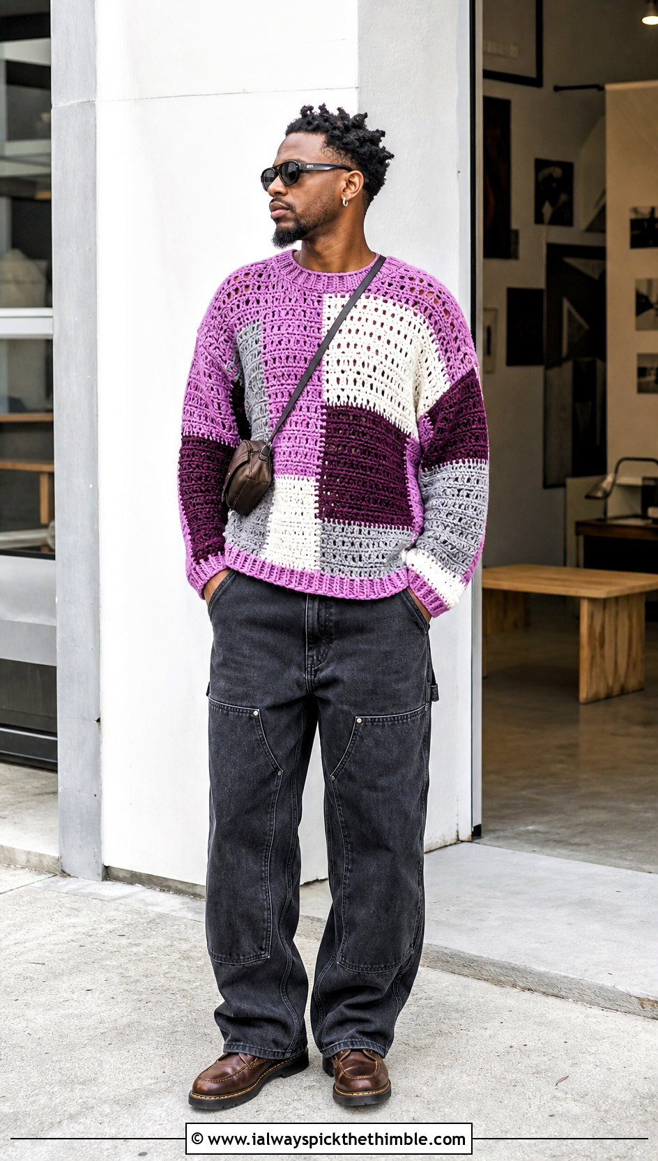 Color Block Crochet Sweater With Double Knee Pants - 25 crochet sweater for men outfit ideas