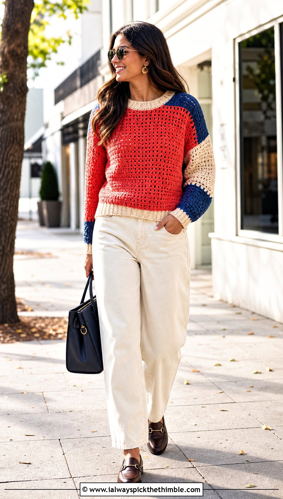 Color Block Crochet Sweater With Ecru Barrel Jeans - 20 Autumn Crochet Sweater outfit ideas