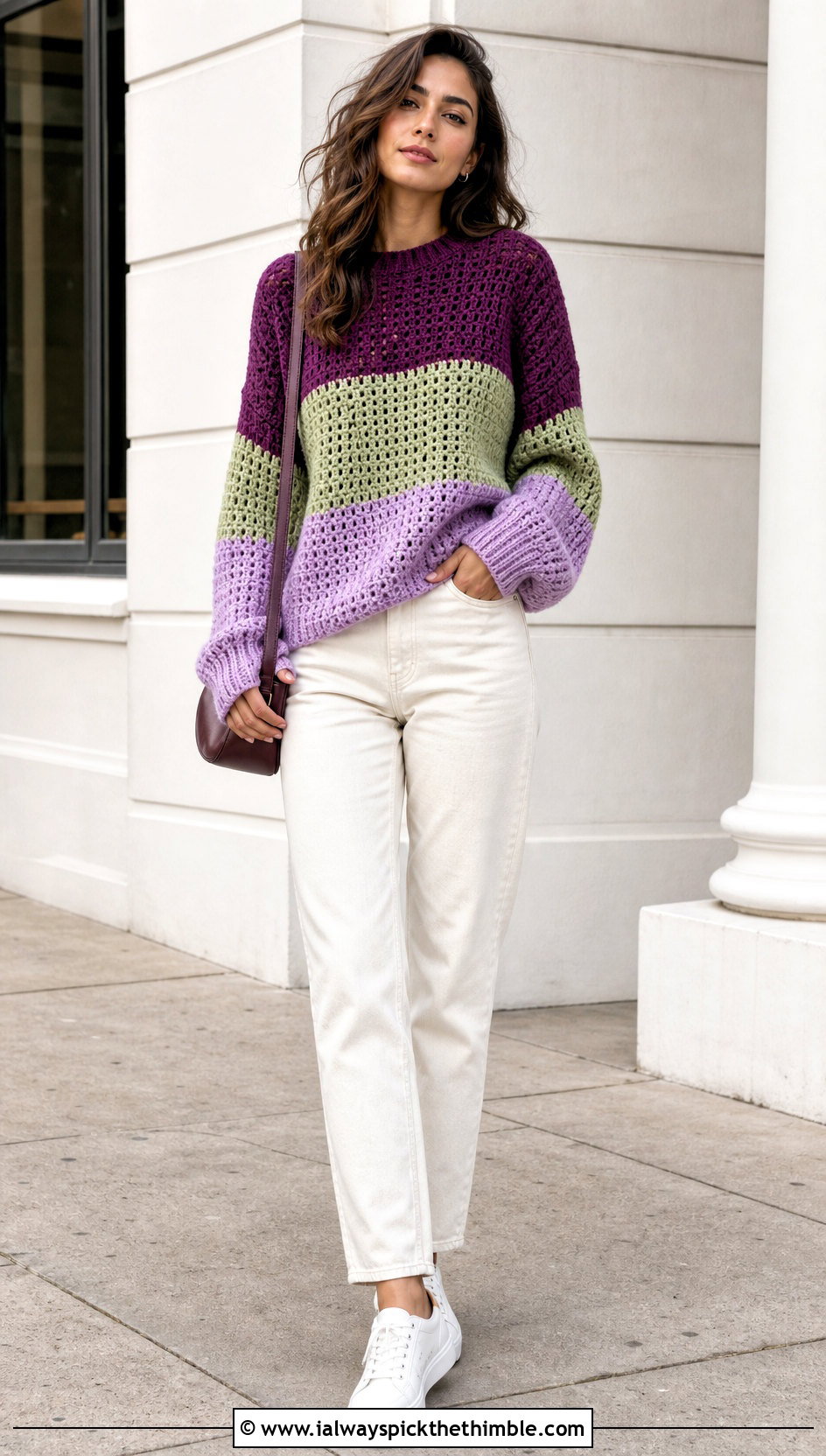 Color Block Crochet Sweater With Ecru Jeans - 20 unisex crochet sweater outfit ideas