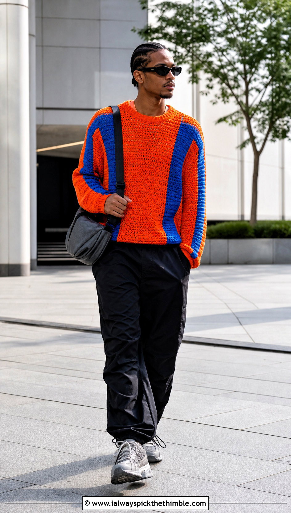 Color Block Crochet Sweater With Parachute Pants - 25 men's crochet sweater ideas