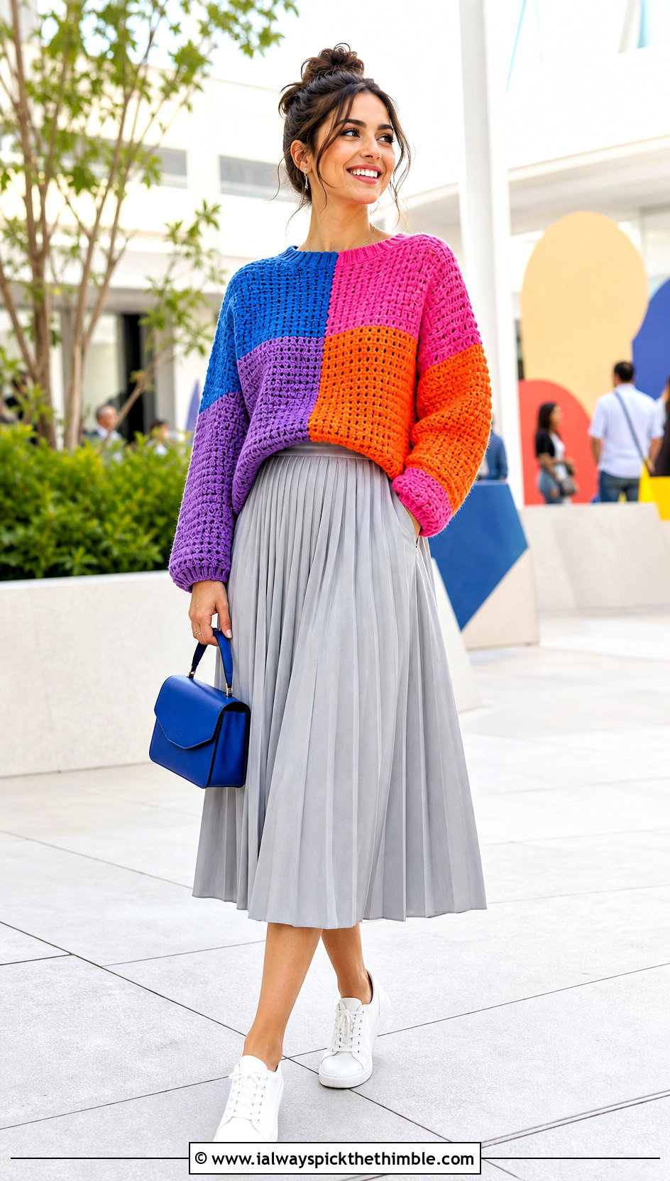 Color Block Crochet Sweater With Pleated Midi Skirt - 25 cute crochet sweaters outfit ideas