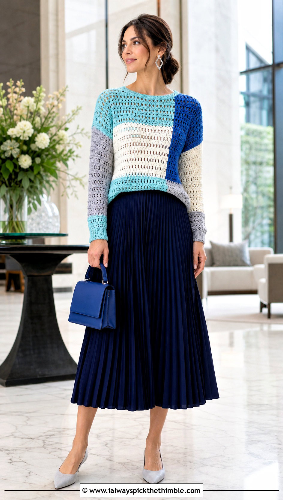 Color Block Crochet Sweater With Pleated Midi Skirt - 15 vibrant crochet sweater design outfit ideas
