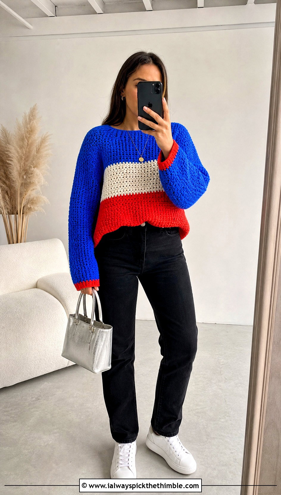 Color Block Crochet Sweater With Straight Leg Jeans - 20 Crochet Quick Sweater outfit ideas