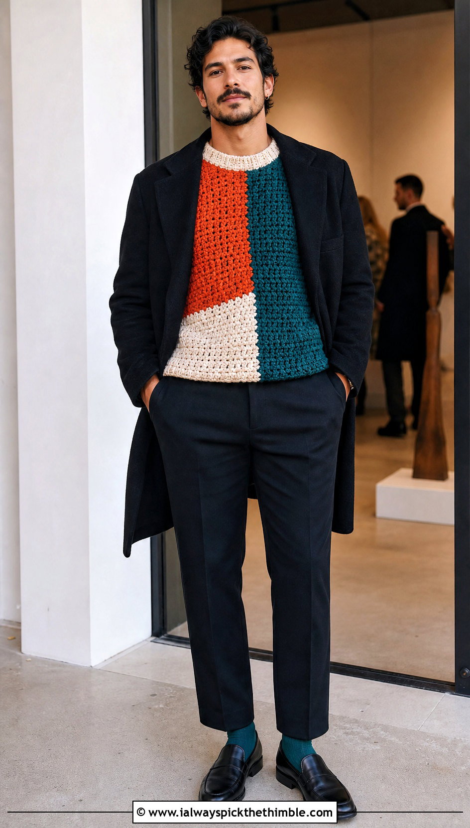 Color Block Crochet Sweater With Suit Trousers - 20 Easy Crochet Mens Sweater outfit ideas