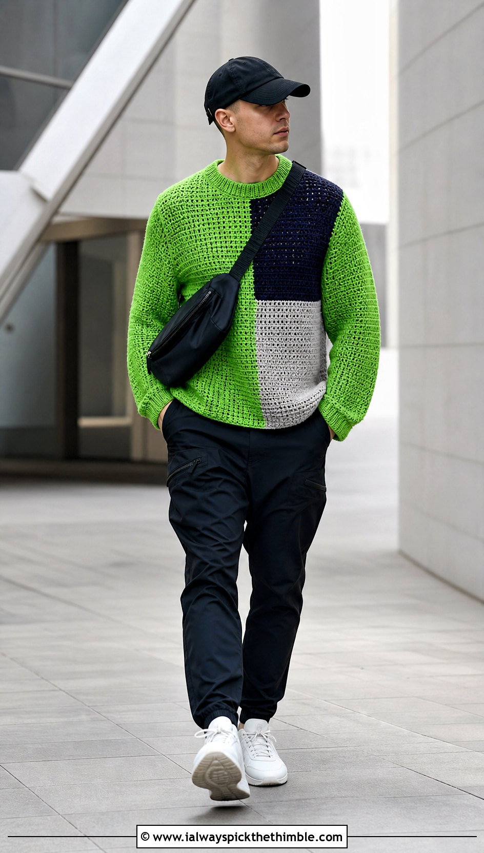 Color Block Crochet Sweater With Technical Pants - 20 Mens Crochet Sweaters outfit ideas