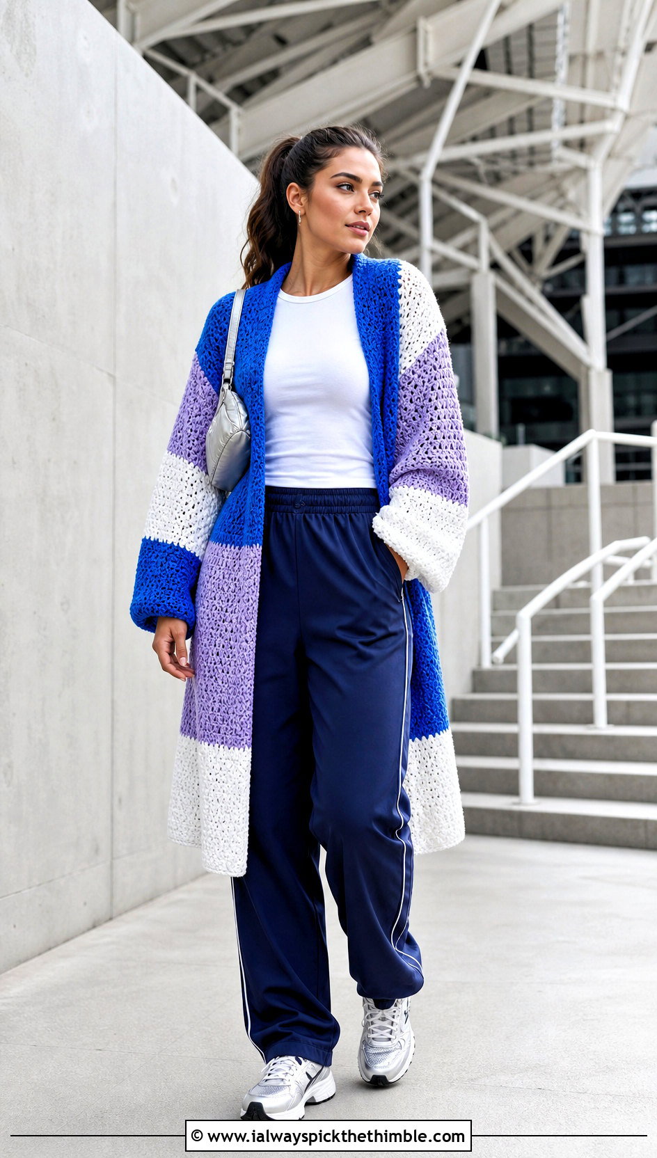 Color Block Crochet Sweater With Track Pants - 20 long crochet sweater outfit ideas