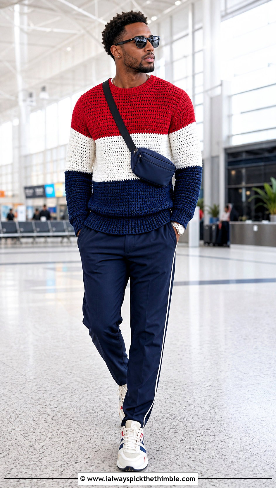 Color Block Crochet Sweater With Track Pants - 20 male crochet sweater outfit ideas