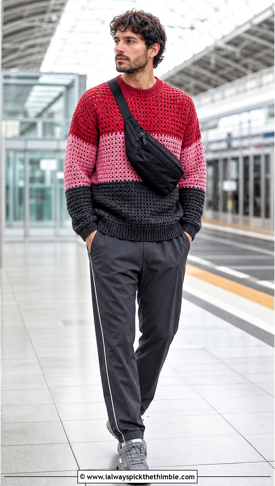 Color Block Crochet Sweater With Track Pants - 25 men crochet sweater outfit ideas