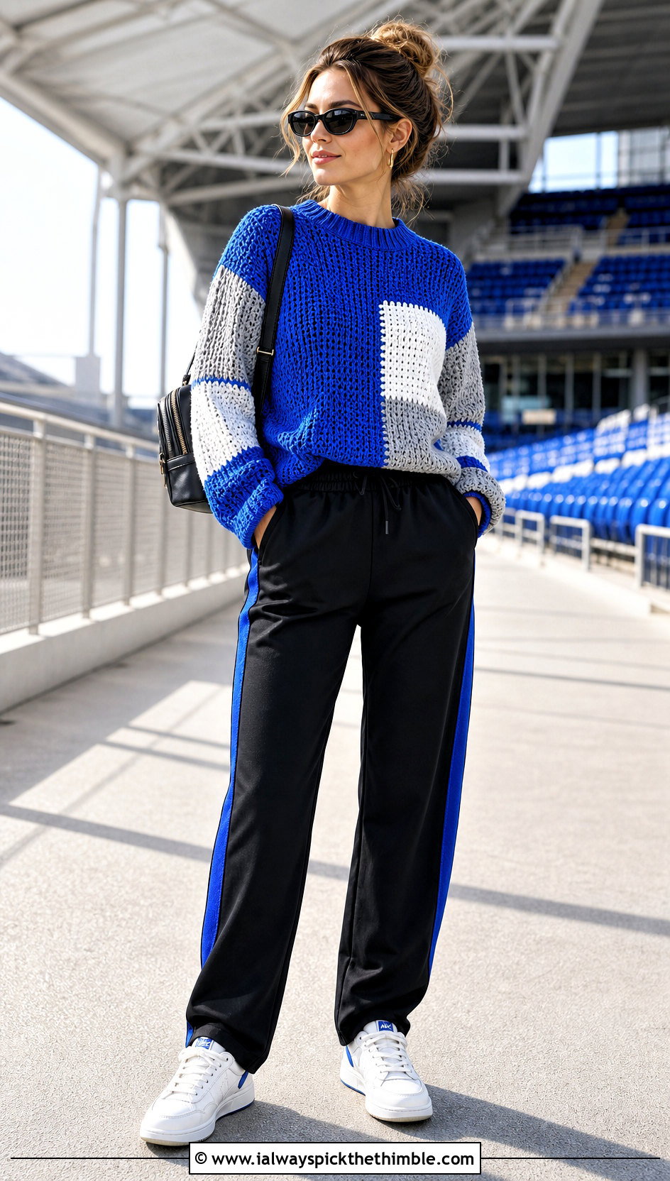 Color Block Crochet Sweater With Track Pants - 15 Crochet Projects Sweaters outfit ideas