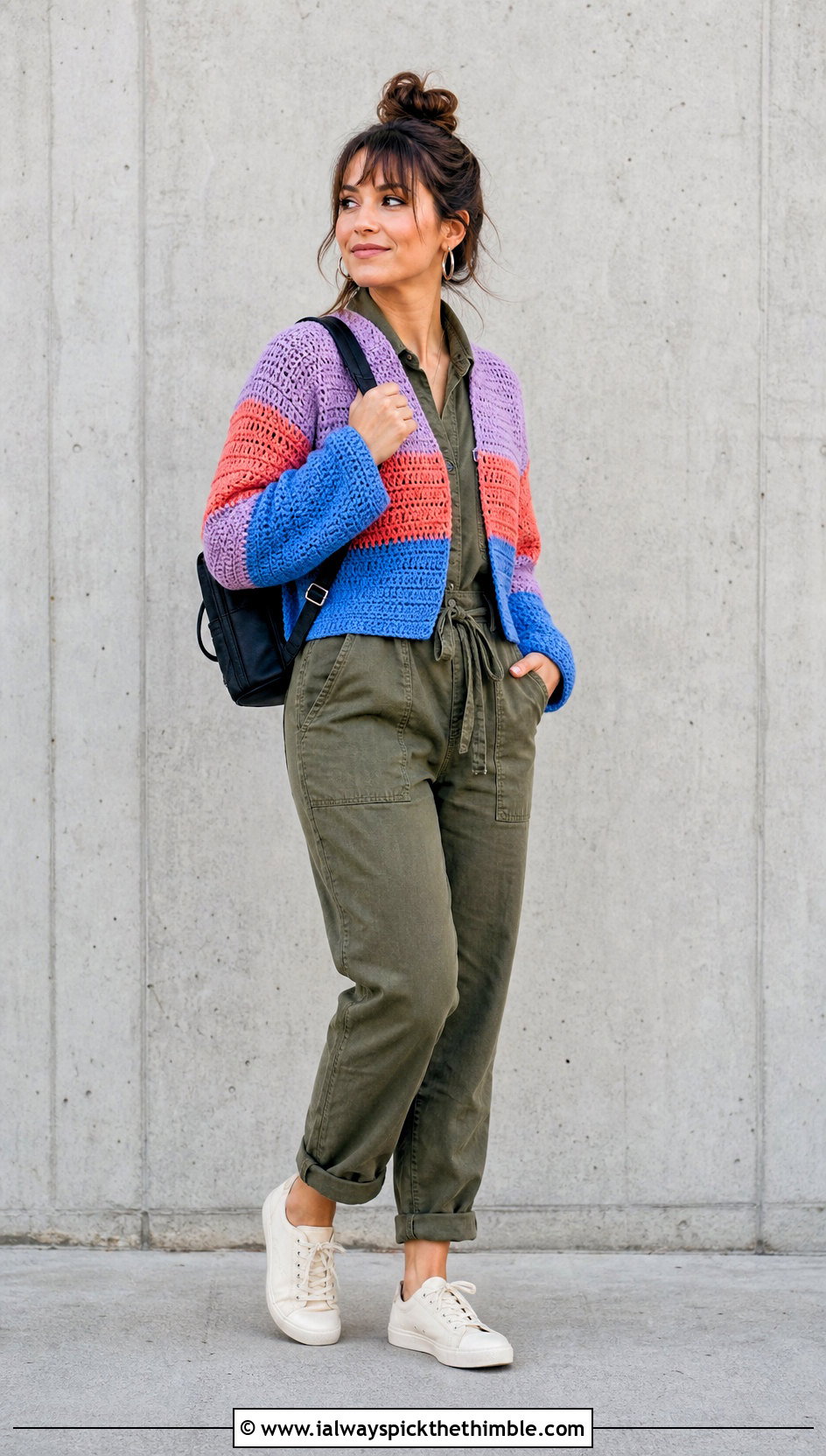 Color Block Crochet Sweater With Utility Jumpsuit - 25 crochet sweater ideas