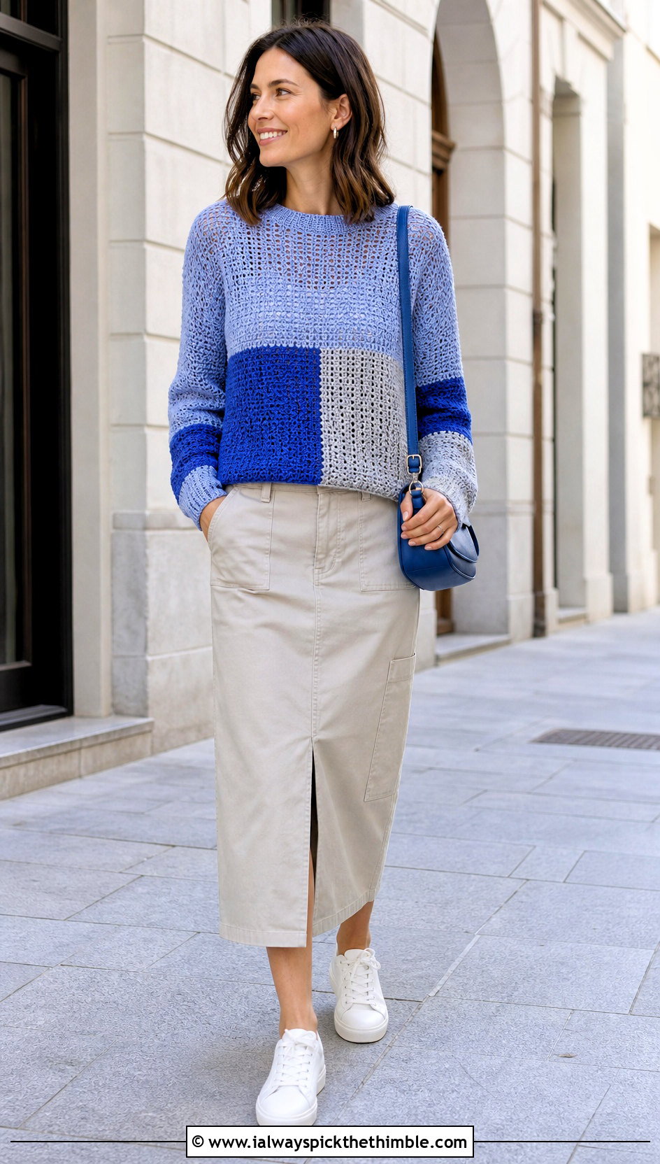 Color Block Crochet Sweater With Utility Midi Skirt - 25 crochet sweaters women outfit ideas