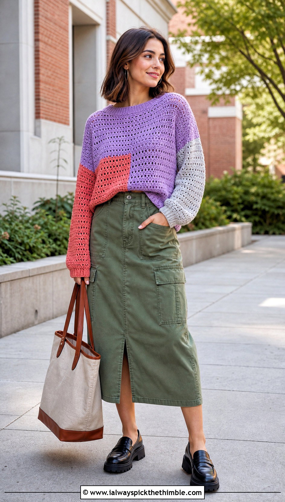 Color Block Crochet Sweater With Utility Midi Skirt - 20 Crochet For Sweaters For Women outfit ideas