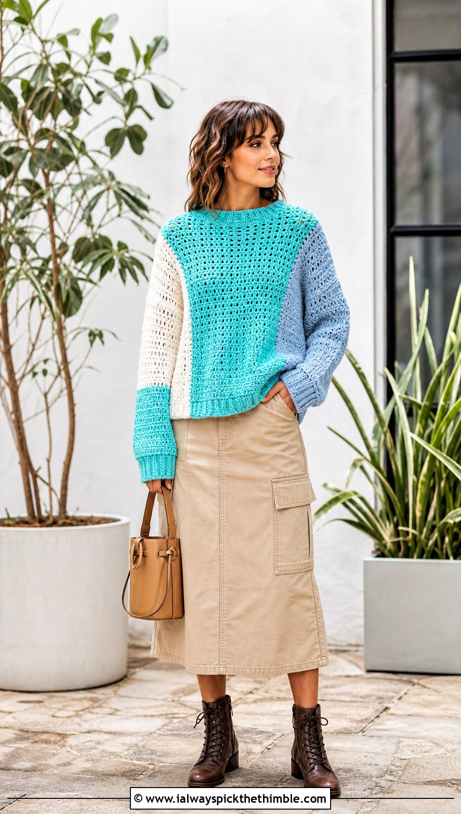 Color Block Crochet Sweater With Utility Skirt - 25 crochet sweater women outfit ideas