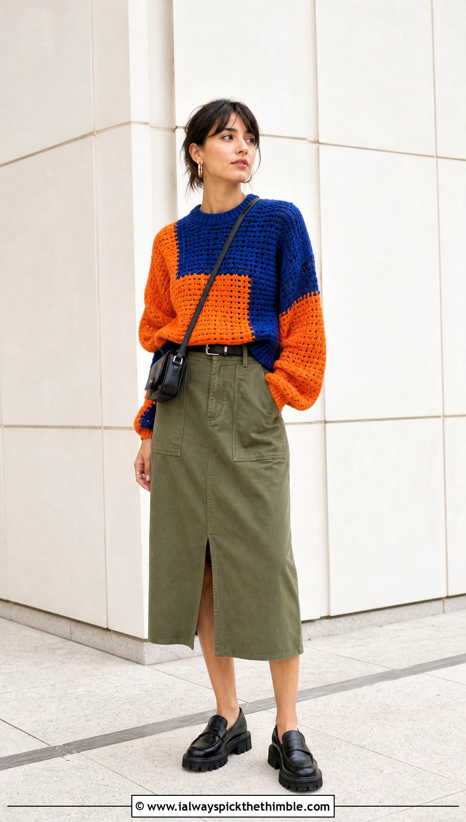 Color Block Crochet Sweater With Utility Skirt - 25 crochet sweater design outfit ideas