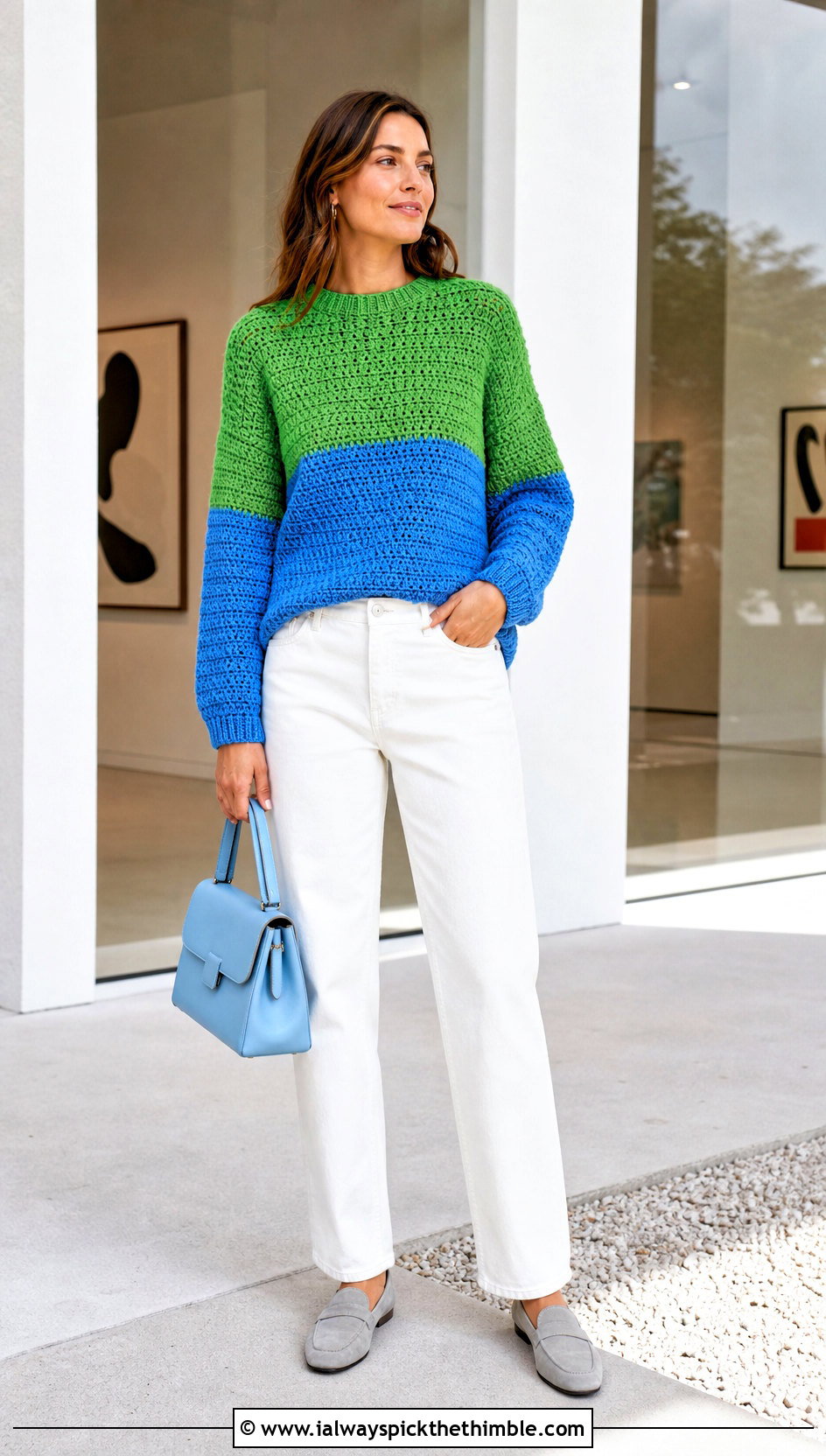 Color Block Crochet Sweater With White Denim - 25 simple crochet sweater outfit ideas