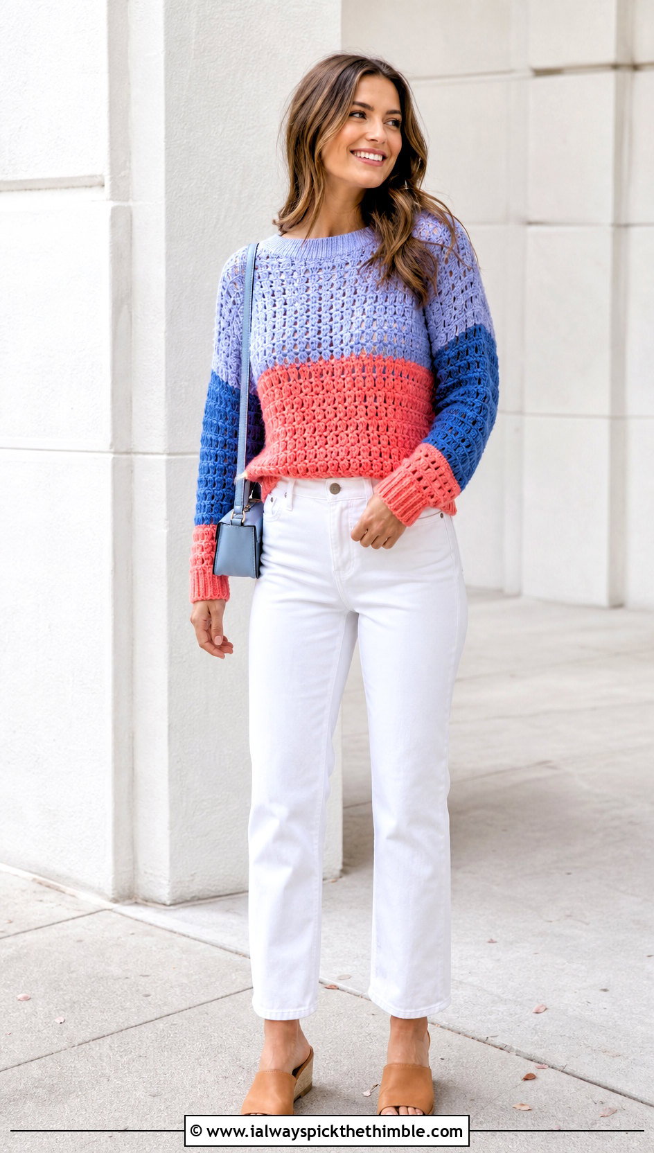 Color Block Crochet Sweater With White Jeans - 20 Boho Crochet Sweater outfit ideas