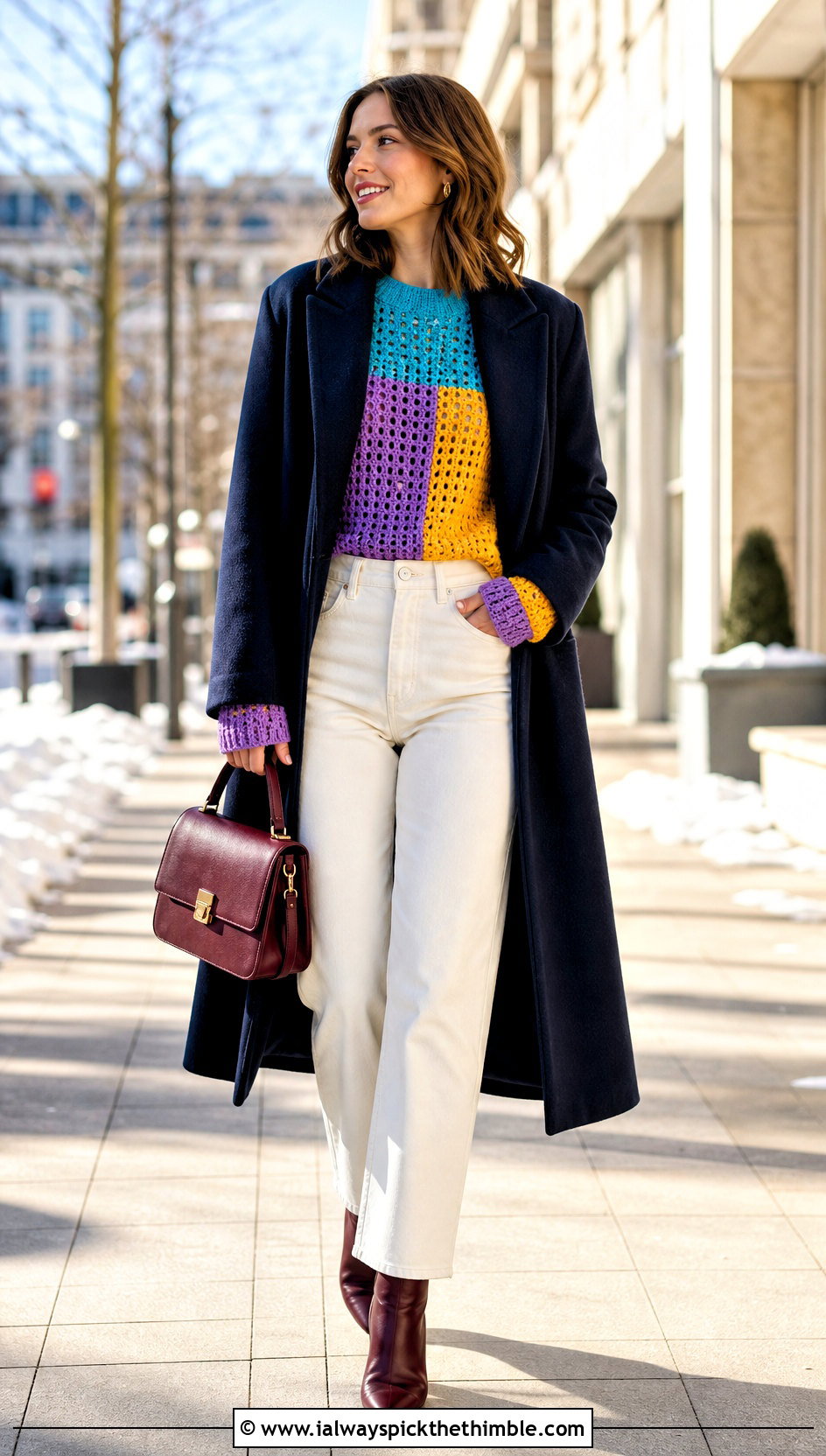 Color Block Crochet Sweater With White Winter Jeans - 20 crochet winter sweater outfit ideas