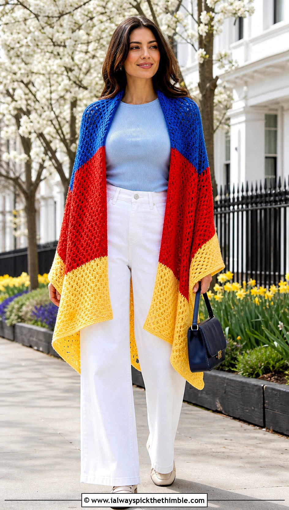 Color Block Crochet Sweater Wrap With White Jeans - 20 crochet sweater wrap outfit ideas