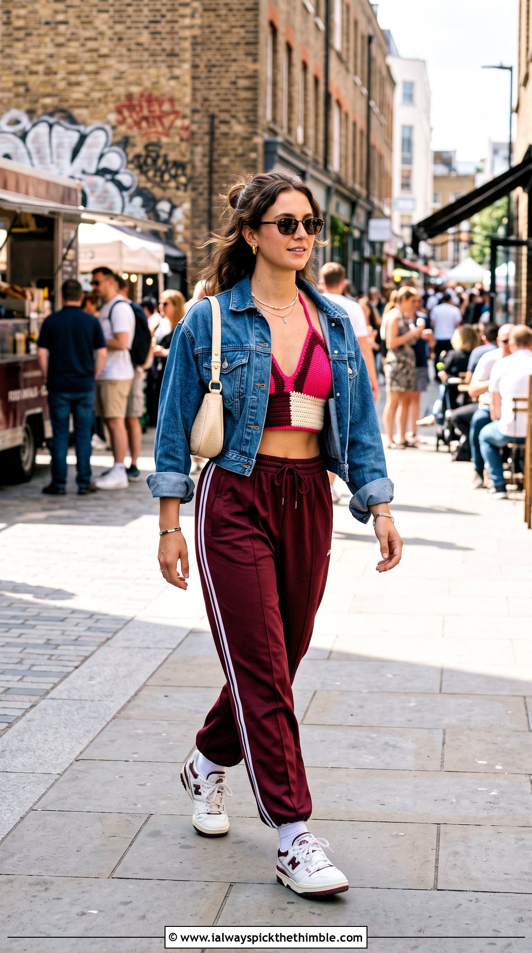 Color Block Crochet Swimwear Top With Track Pants - 20 crochet swimwear top outfit ideas