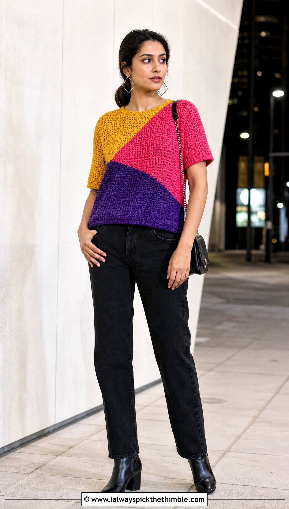 Color Block Crochet T Shirt With Black Jeans - 20 crochet t shirts outfit ideas