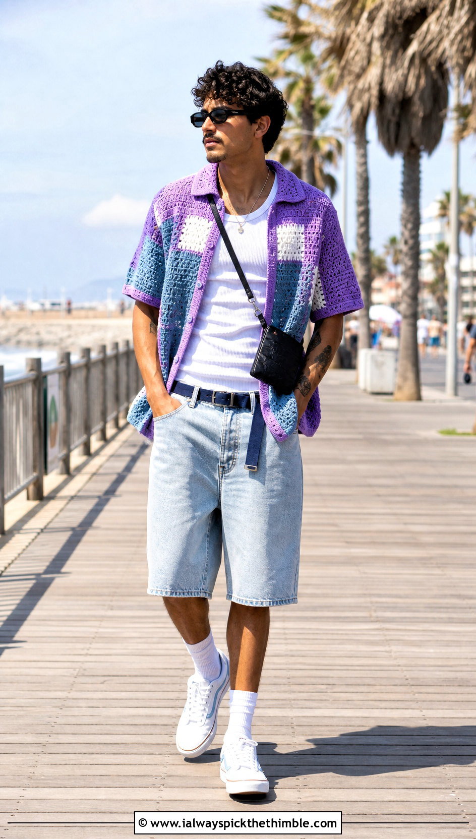 Color Block Crochet T Shirt With Denim Shorts - 20 men crochet top outfit ideas
