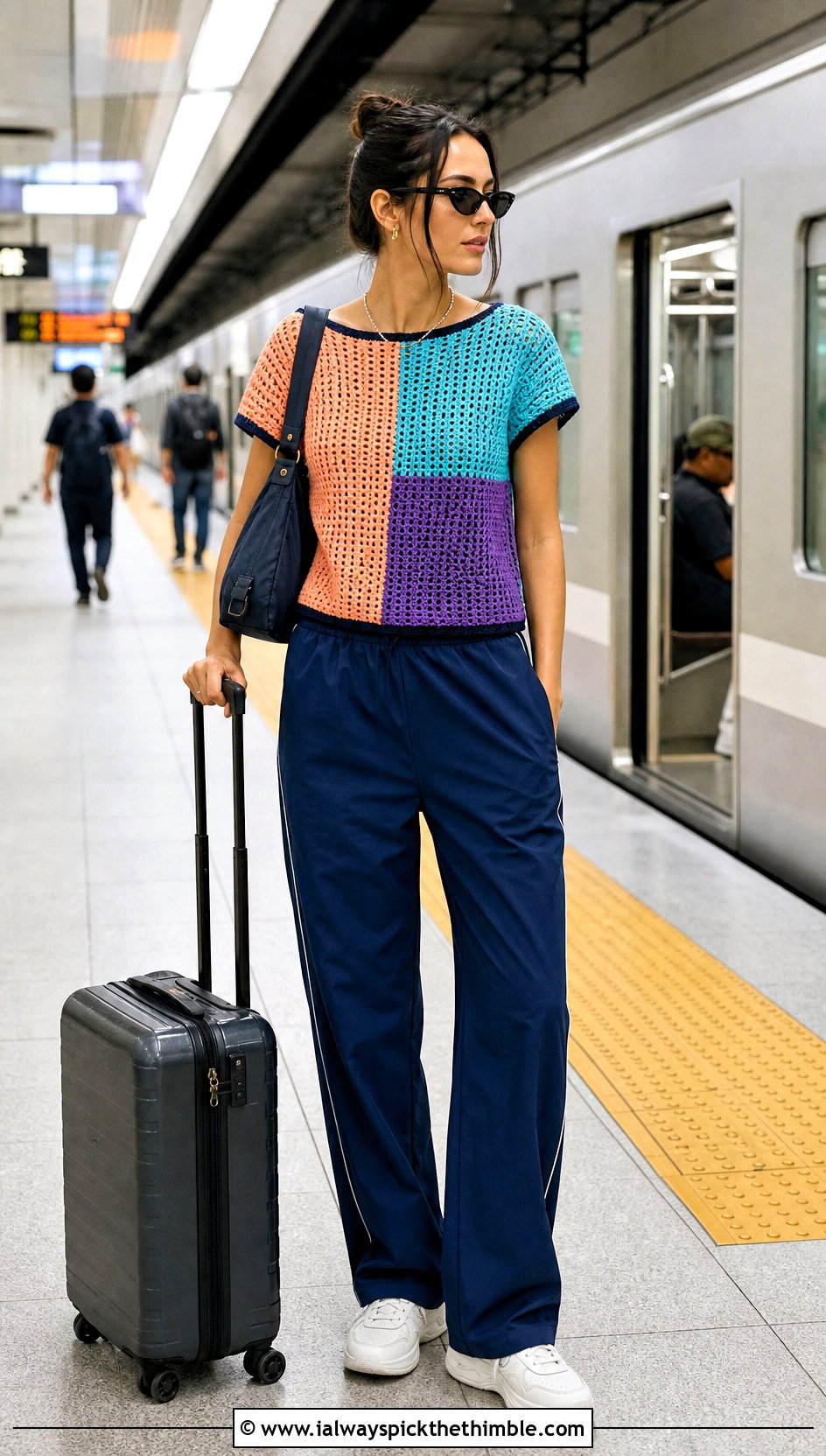 Color Block Crochet T Shirt With Track Pants - 25 crochet shirt for women outfit ideas