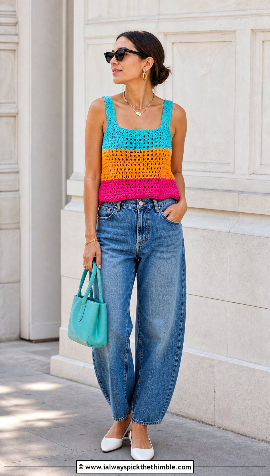 Color Block Crochet Tank Top With Barrel Jeans - 15 diy crochet tank top outfit ideas