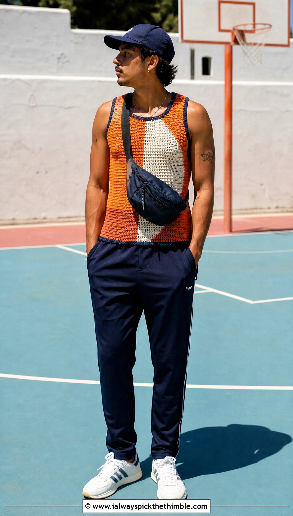 Color Block Crochet Tank Top With Track Pants - 20 Mens Crochet Tank Top outfit ideas