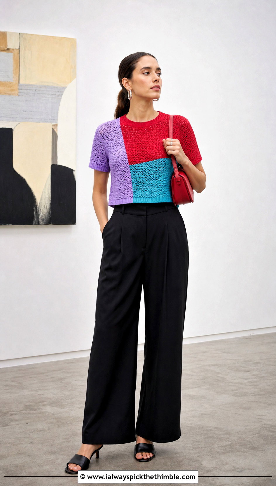 Color Block Crochet Tee With Black Trousers - 25 crochet tee outfit ideas