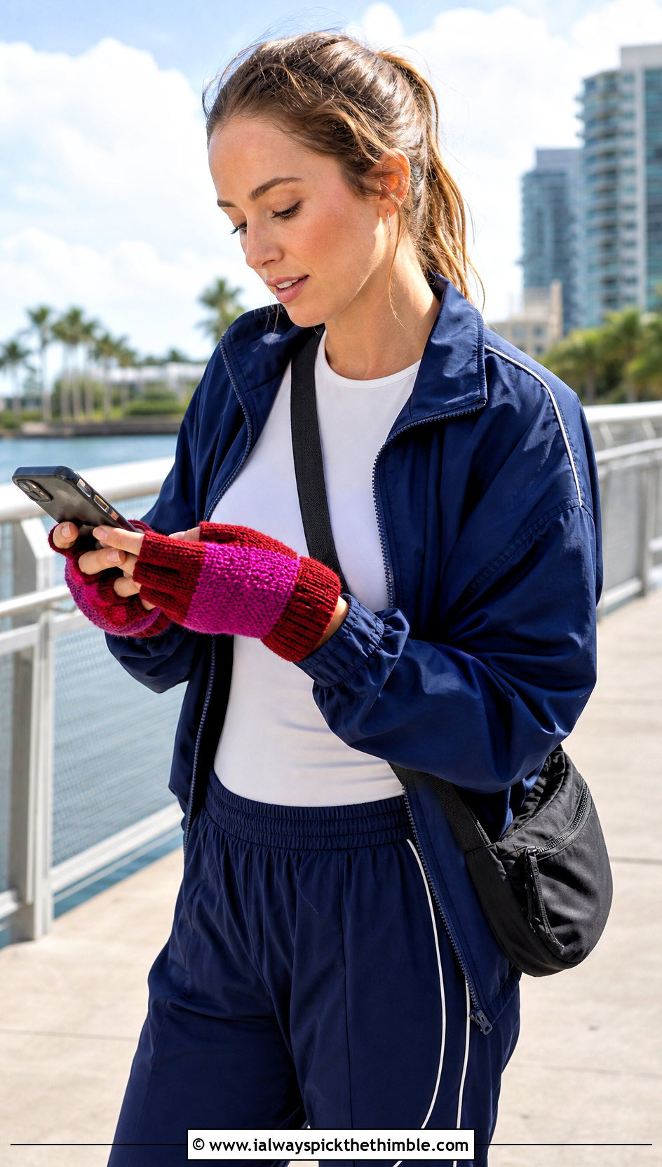 Color Block Crochet Texting Gloves With Track Jacket - 15 Crochet Texting Gloves outfit ideas