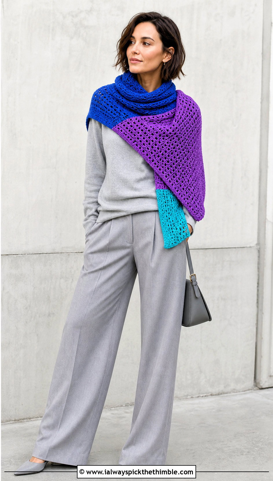 Color Block Crochet Textured Scarf With Monochrome Outfit - 20 Crochet Textured Scarf outfit ideas