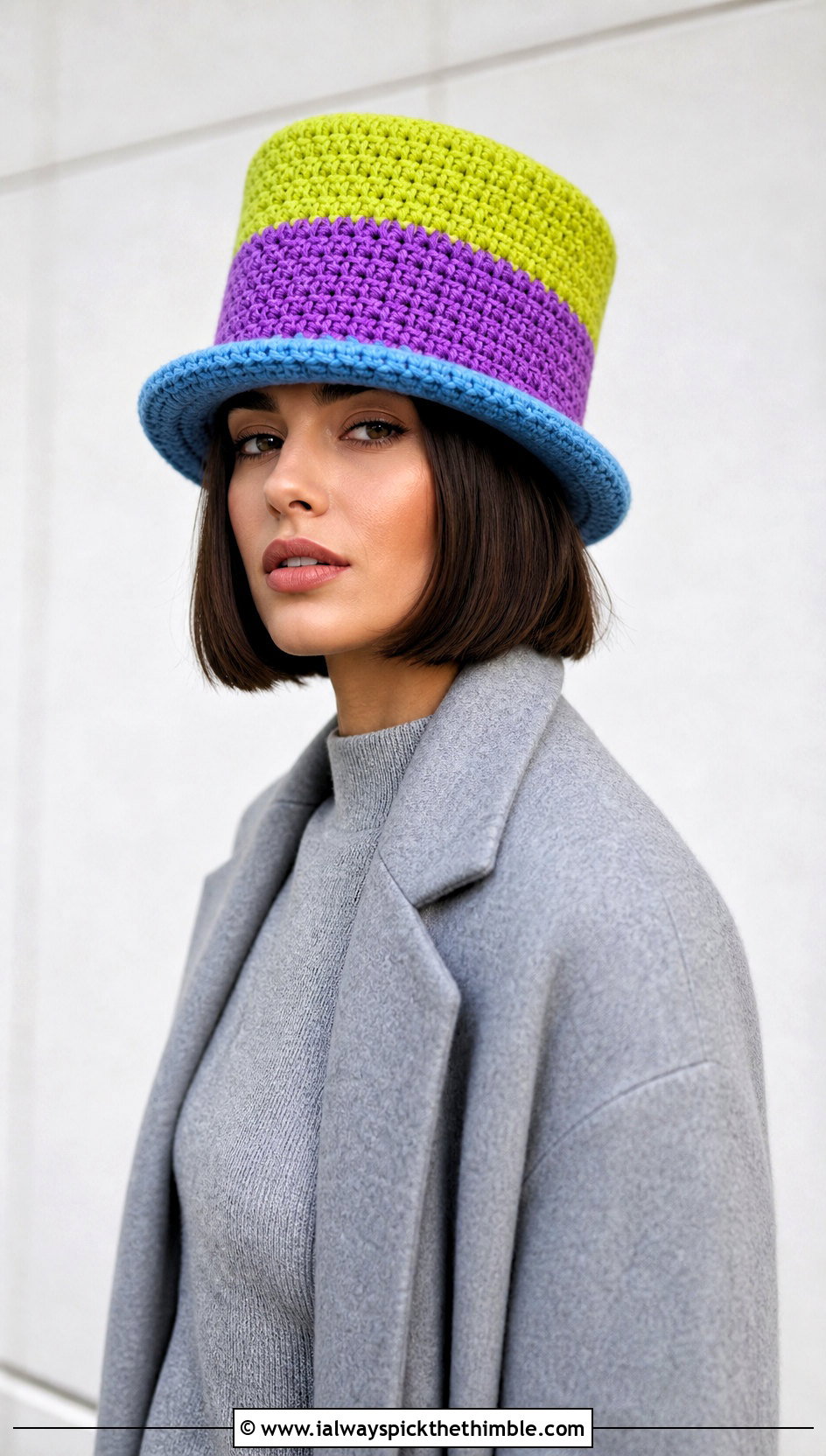 Color Block Crochet Top Hat With Monochrome Outfit - 25 crochet top hat outfit ideas