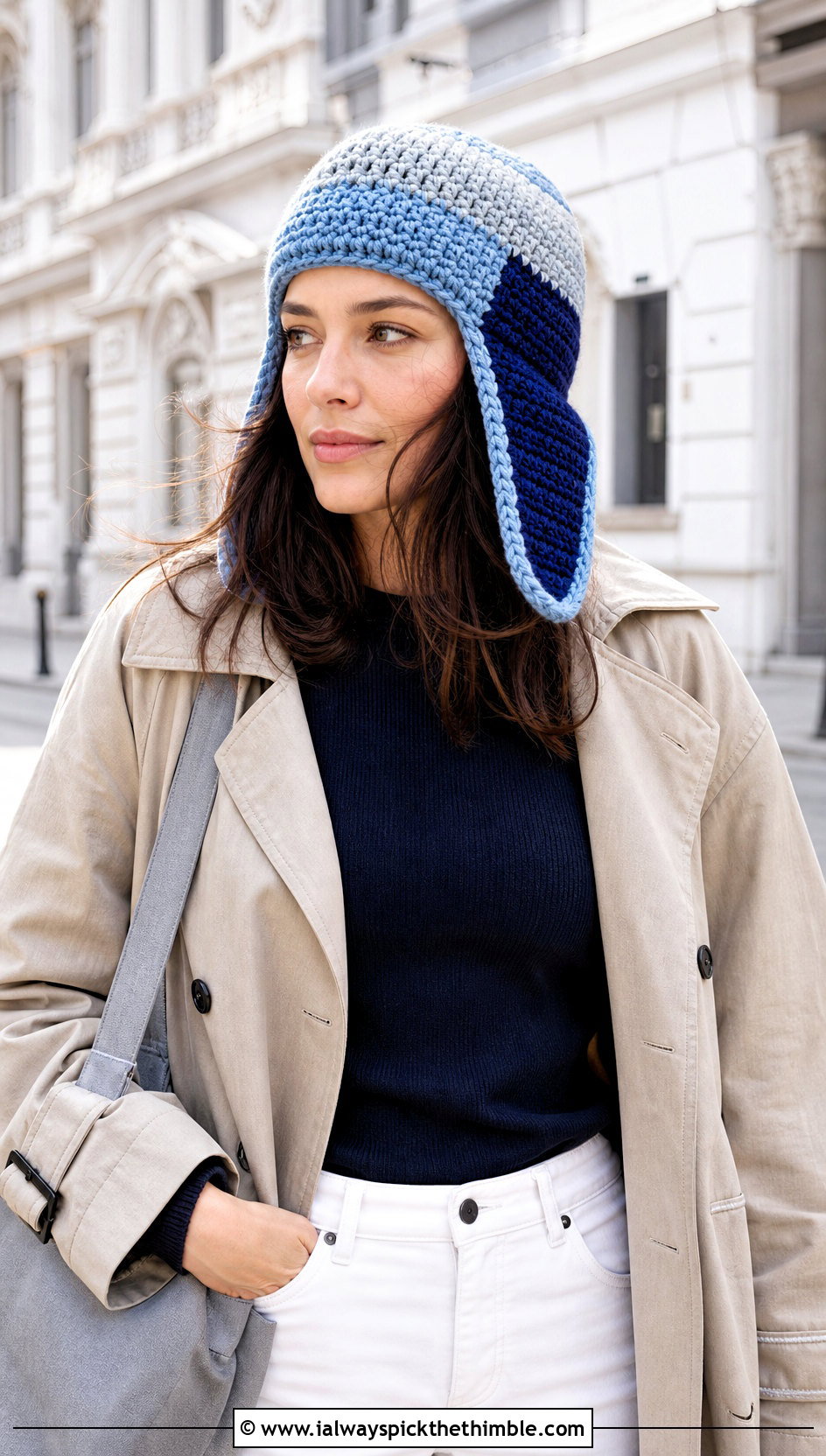 Color Block Crochet Trapper Hat With Trench Coat - 25 Crochet Trapper Hat outfit ideas