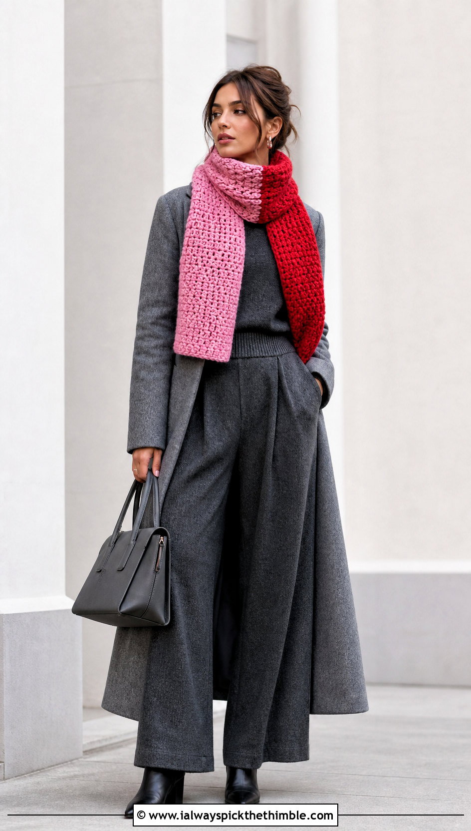 Color Block Crochet Tube Scarf With Monochrome Outfit - 20 Crochet Tube Scarf outfit ideas