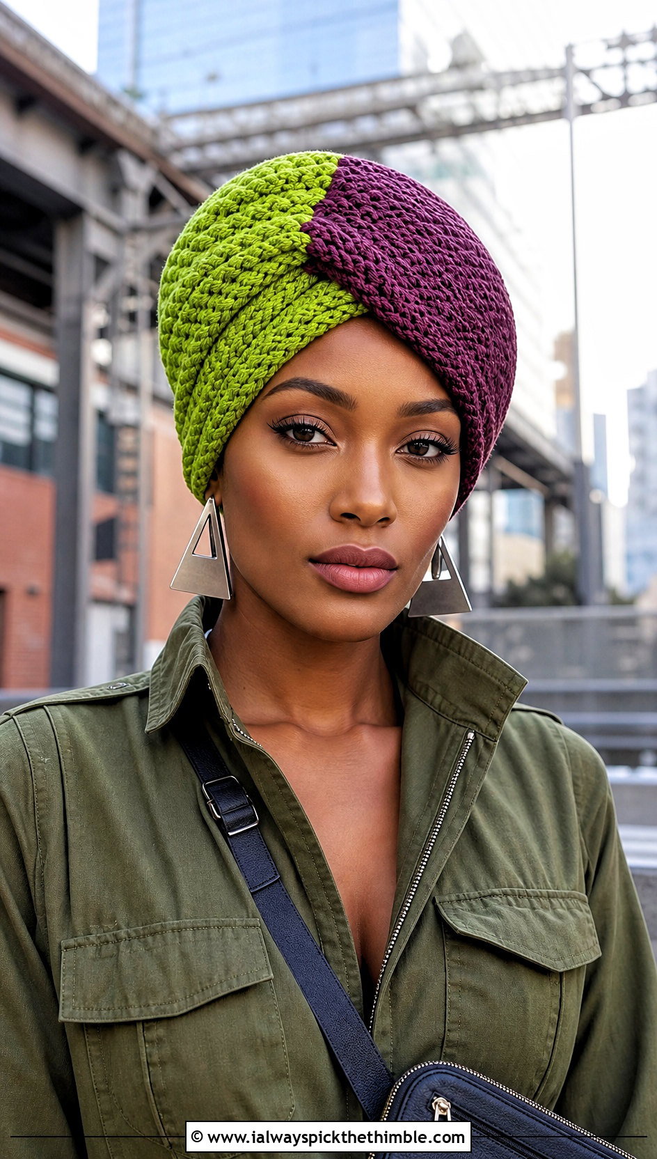 Color Block Crochet Turban Hat With Utility Jumpsuit - 25 crochet turban hat outfit ideas