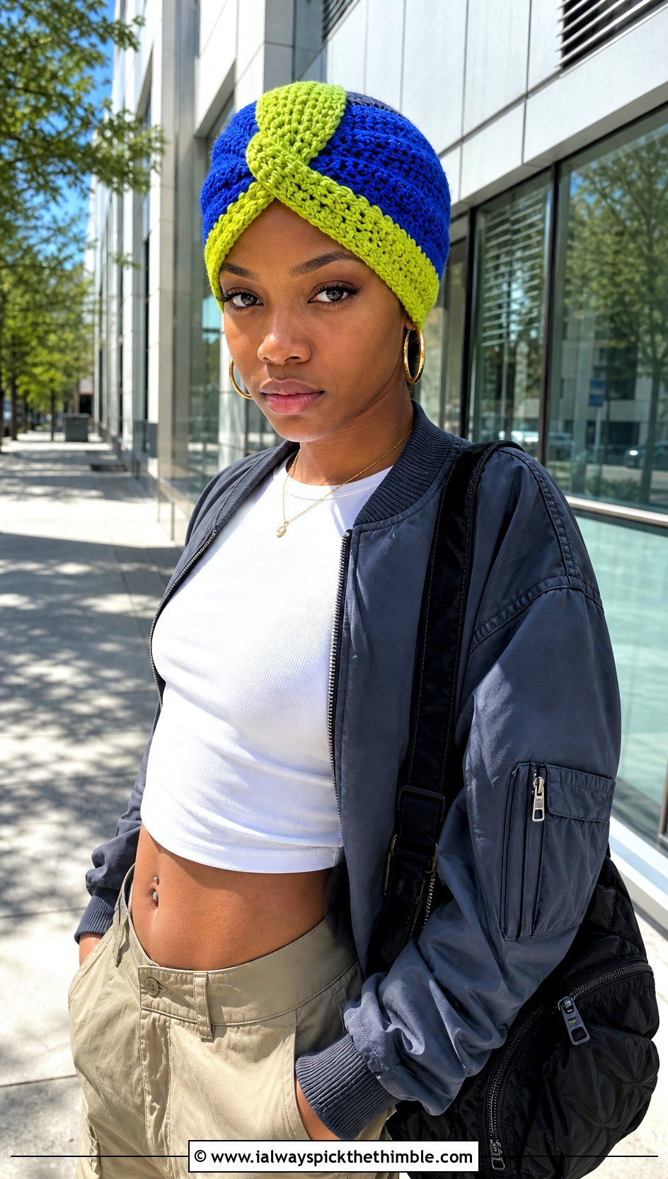 Color Block Crochet Turban With Cargo Pants - 25 crochet turban outfit ideas